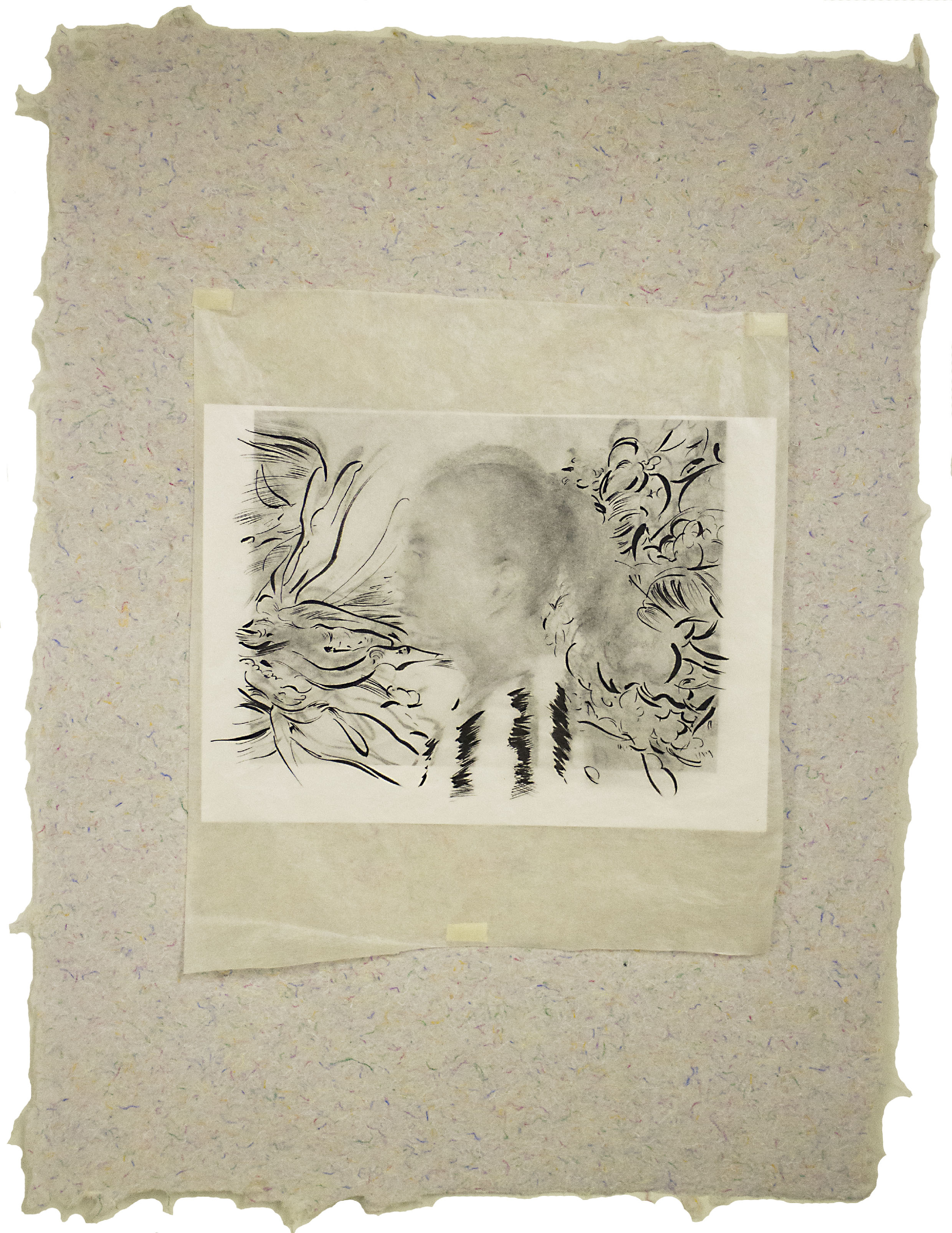 Profile of woman, collage, handmade paper, gampi, drawing, ink, pencil, inkjet