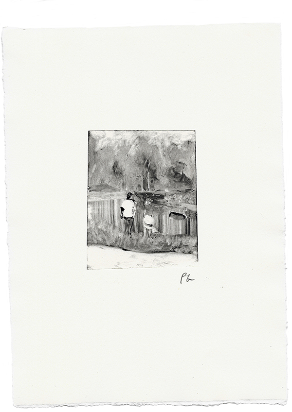 Two figures on beach monotype on paper, printmaking